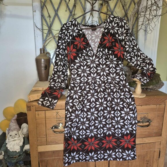 🍄 50% OFF - Scandinavian Floral Print Knit Midi Fitted Dress Cream Brown Orange - Picture 3 of 15